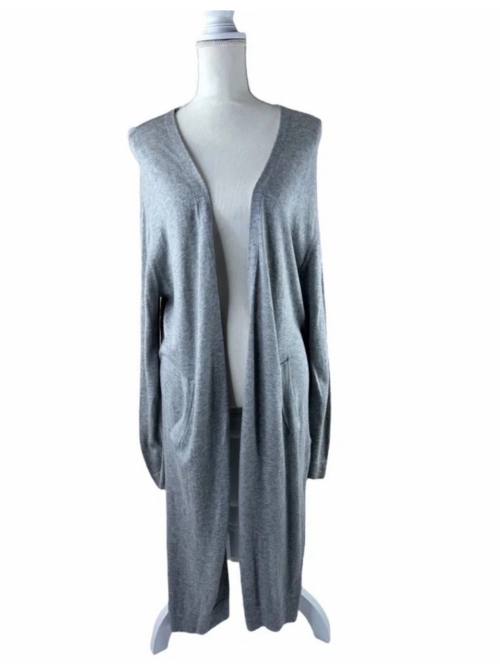 MOUSSY Gray Longline Duster Cardigan Silk Blend Open Front Pockets One Size